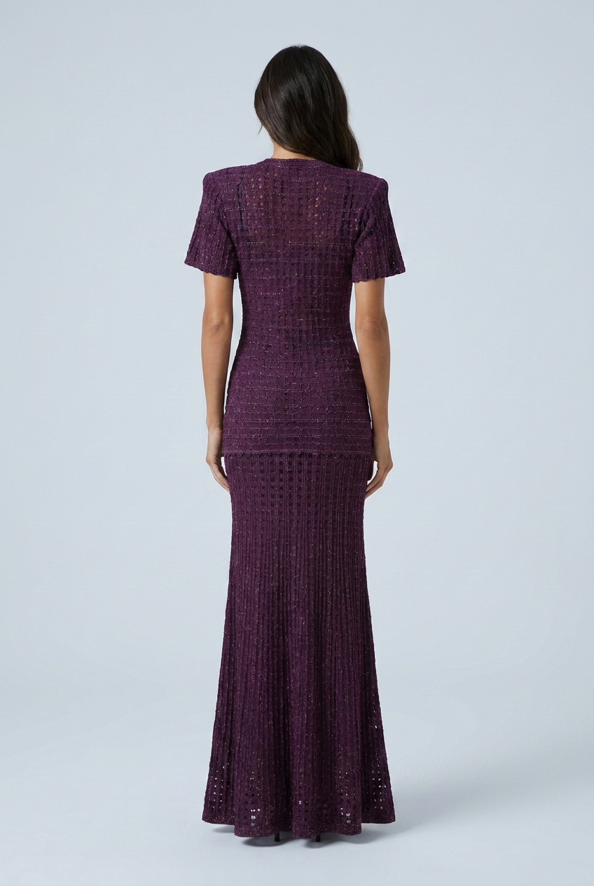 Purple sparkly open knit puff sleeve fishtail maxi dress back