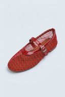 Red fishnet mesh mary jane ballet flats front