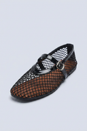 Black fishnet mesh mary jane ballet flats front