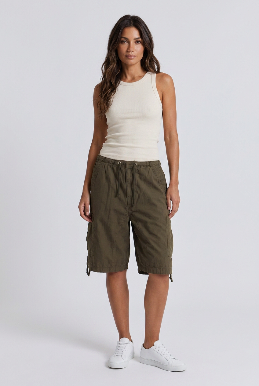 Olive knee length baggy cargo shorts front