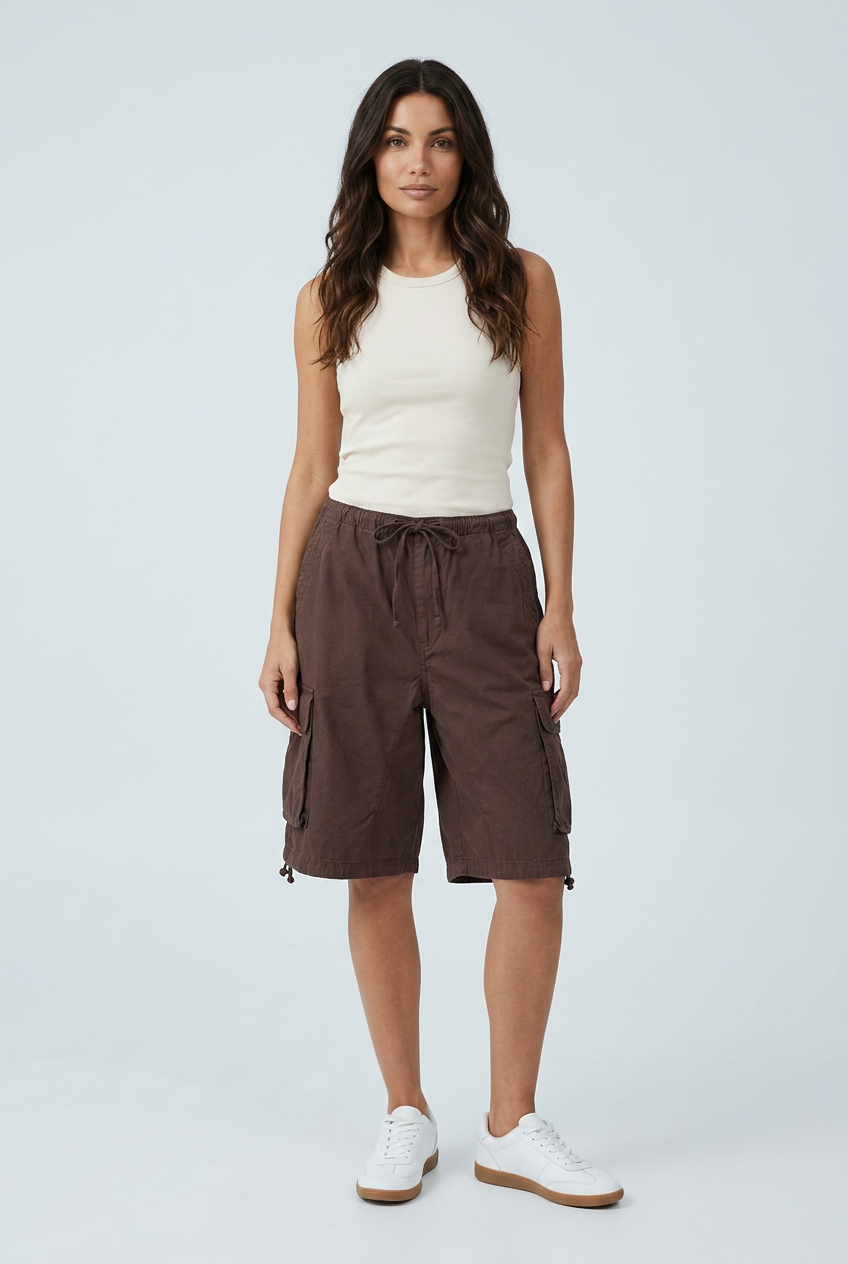 Brown knee length baggy cargo shorts front
