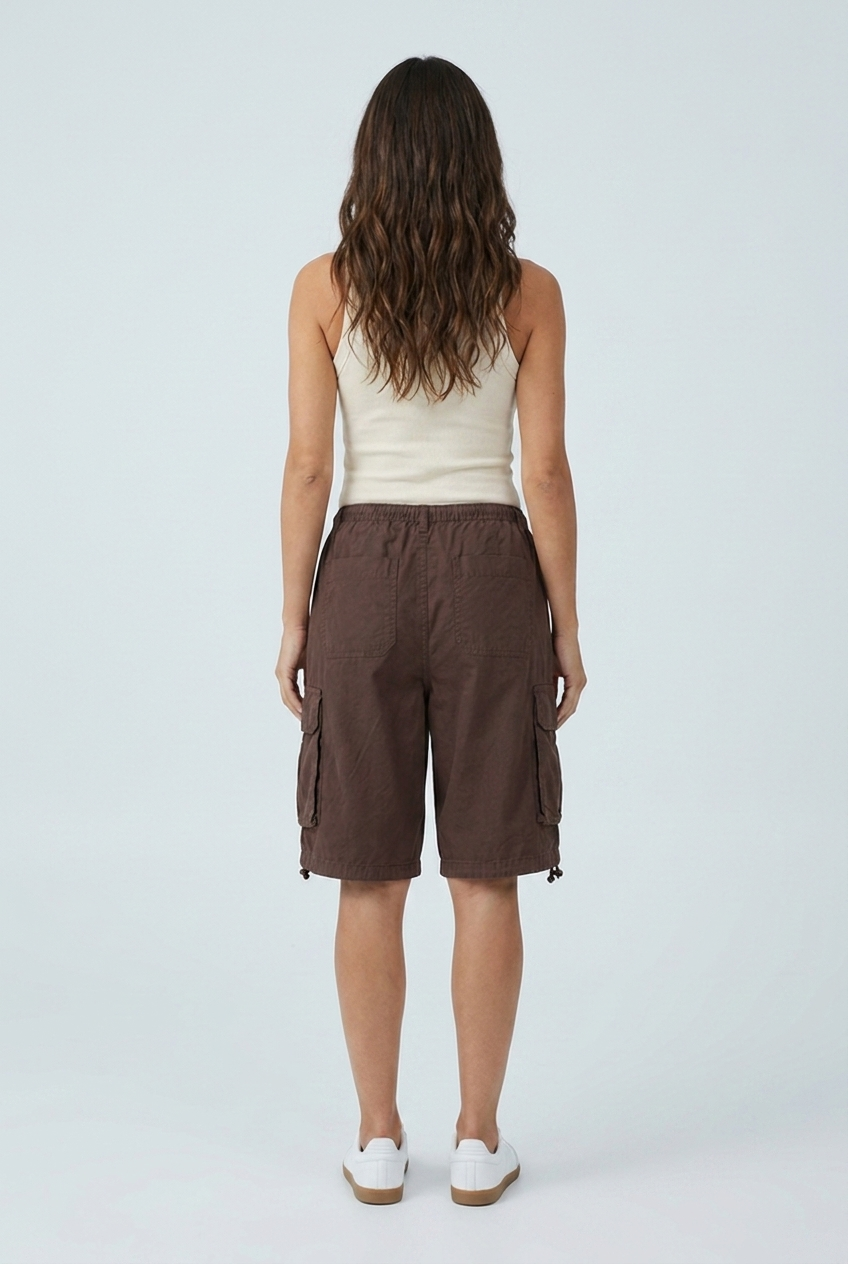 Brown knee length baggy cargo shorts back