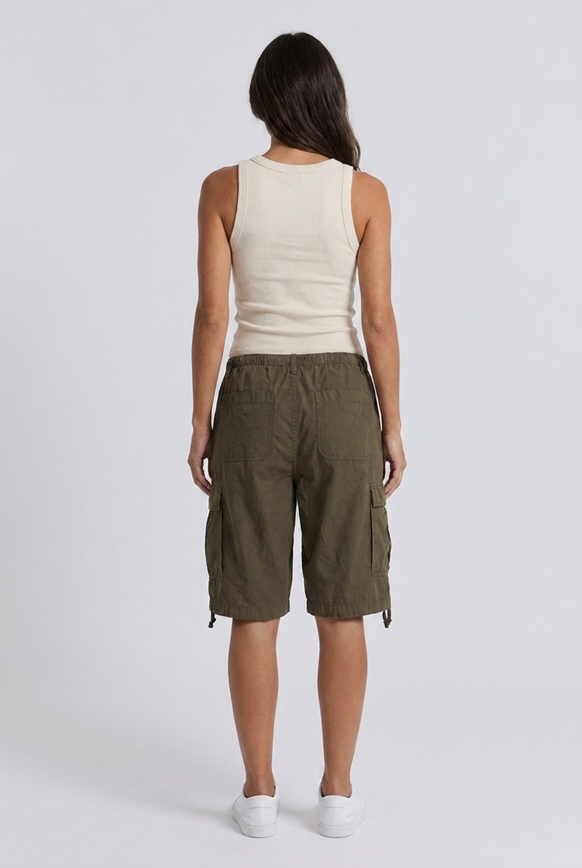 Olive knee length baggy cargo shorts back