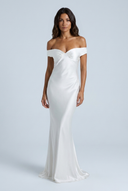 Ivory off shoulder satin fishtail evening gown front