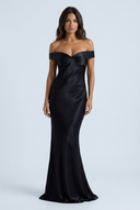 Black off shoulder satin fishtail evening gown front