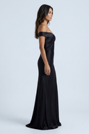 Black off shoulder satin fishtail evening gown side