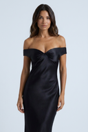 Black off shoulder satin fishtail evening gown closeup