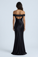 Black off shoulder satin fishtail evening gown back