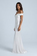 Ivory off shoulder satin fishtail evening gown side