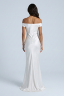 Ivory off shoulder satin fishtail evening gown back