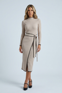 Beige ribbed knit mock neck wrap midi dress contrast piping front