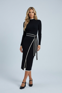 Black ribbed knit mock neck wrap midi dress contrast piping front