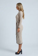Beige ribbed knit mock neck wrap midi dress contrast piping side