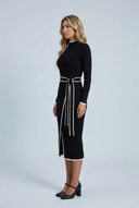 Black ribbed knit mock neck wrap midi dress contrast piping side