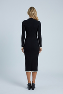 Black ribbed knit mock neck wrap midi dress contrast piping back