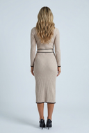 Beige ribbed knit mock neck wrap midi dress contrast piping back