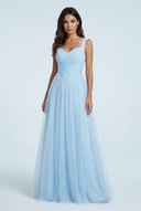 Light Blue tulle a line bridesmaid gown floral lace v neck front