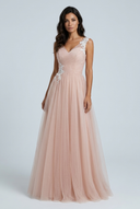 Blush Pink tulle a line bridesmaid gown floral lace v neck front