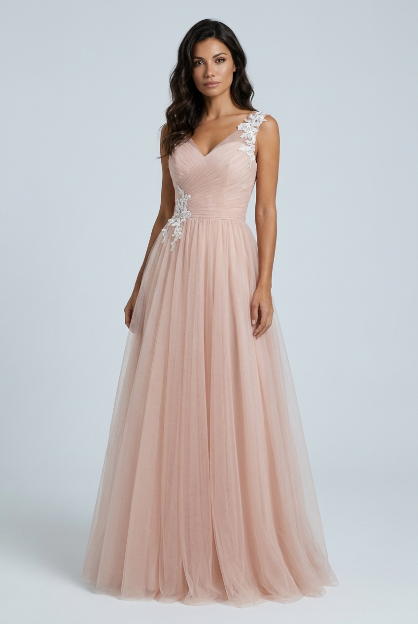Blush Pink tulle a line bridesmaid gown floral lace v neck front