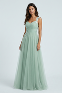Sage Green tulle a line bridesmaid gown floral lace v neck front