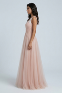 Blush Pink tulle a line bridesmaid gown floral lace v neck side