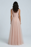 Blush Pink tulle a line bridesmaid gown floral lace v neck back