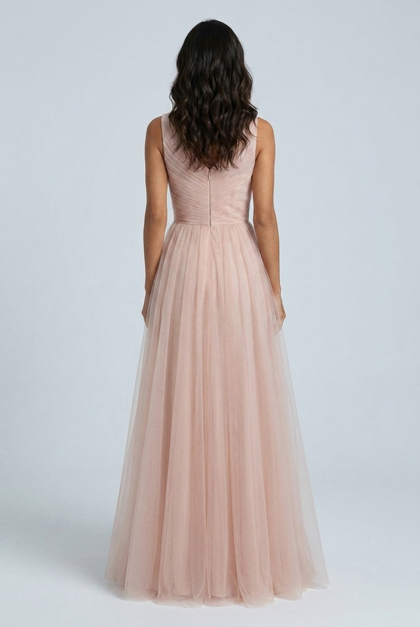 Blush Pink tulle a line bridesmaid gown floral lace v neck back
