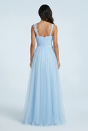 Light Blue tulle a line bridesmaid gown floral lace v neck back