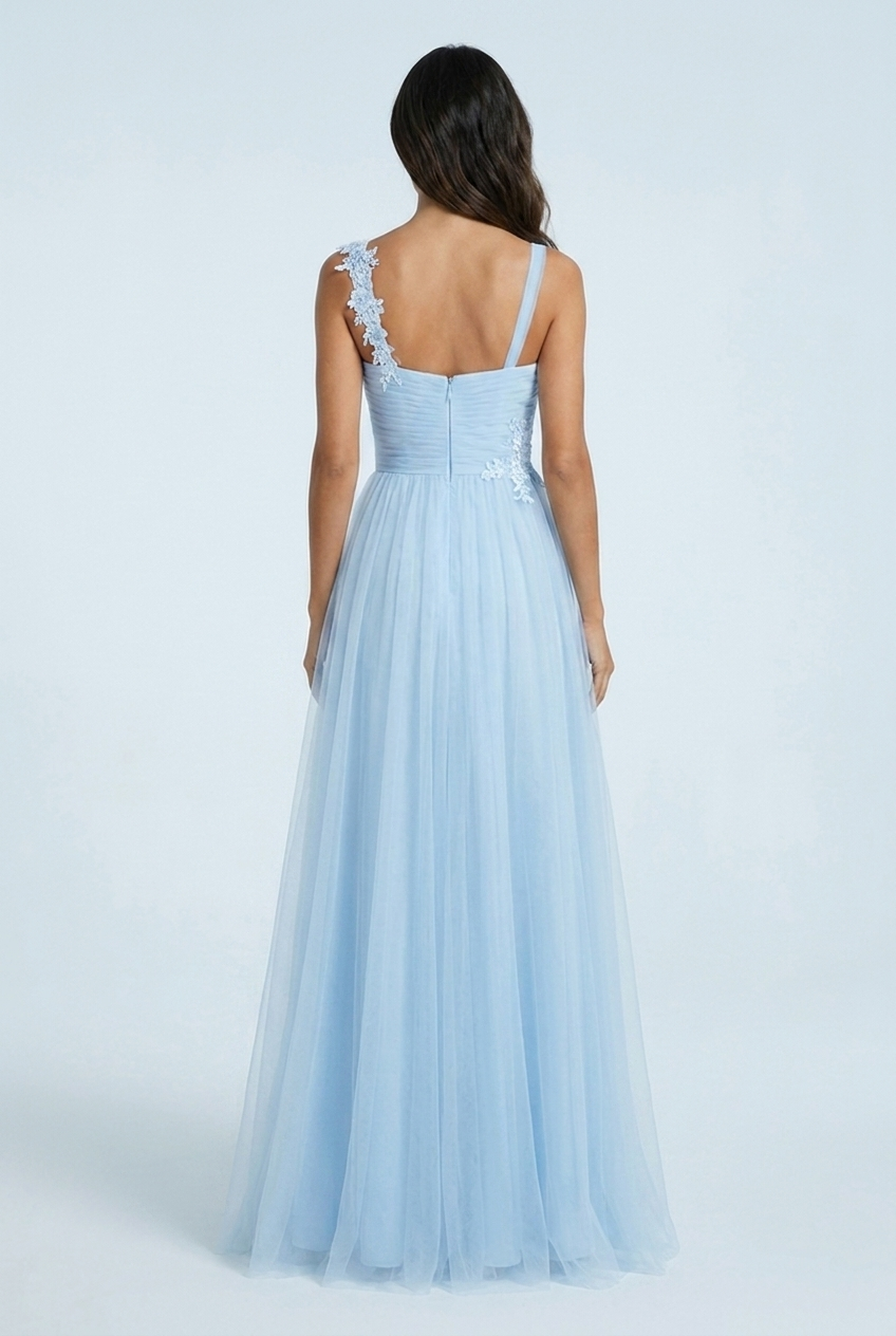 Light Blue tulle a line bridesmaid gown floral lace v neck back