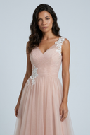 Blush Pink tulle a line bridesmaid gown floral lace v neck closeup