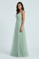 Sage Green tulle a line bridesmaid gown floral lace v neck side