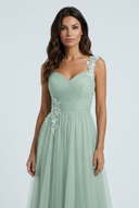 Sage Green tulle a line bridesmaid gown floral lace v neck closeup