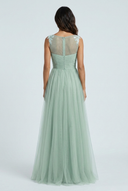 Sage Green tulle a line bridesmaid gown floral lace v neck back
