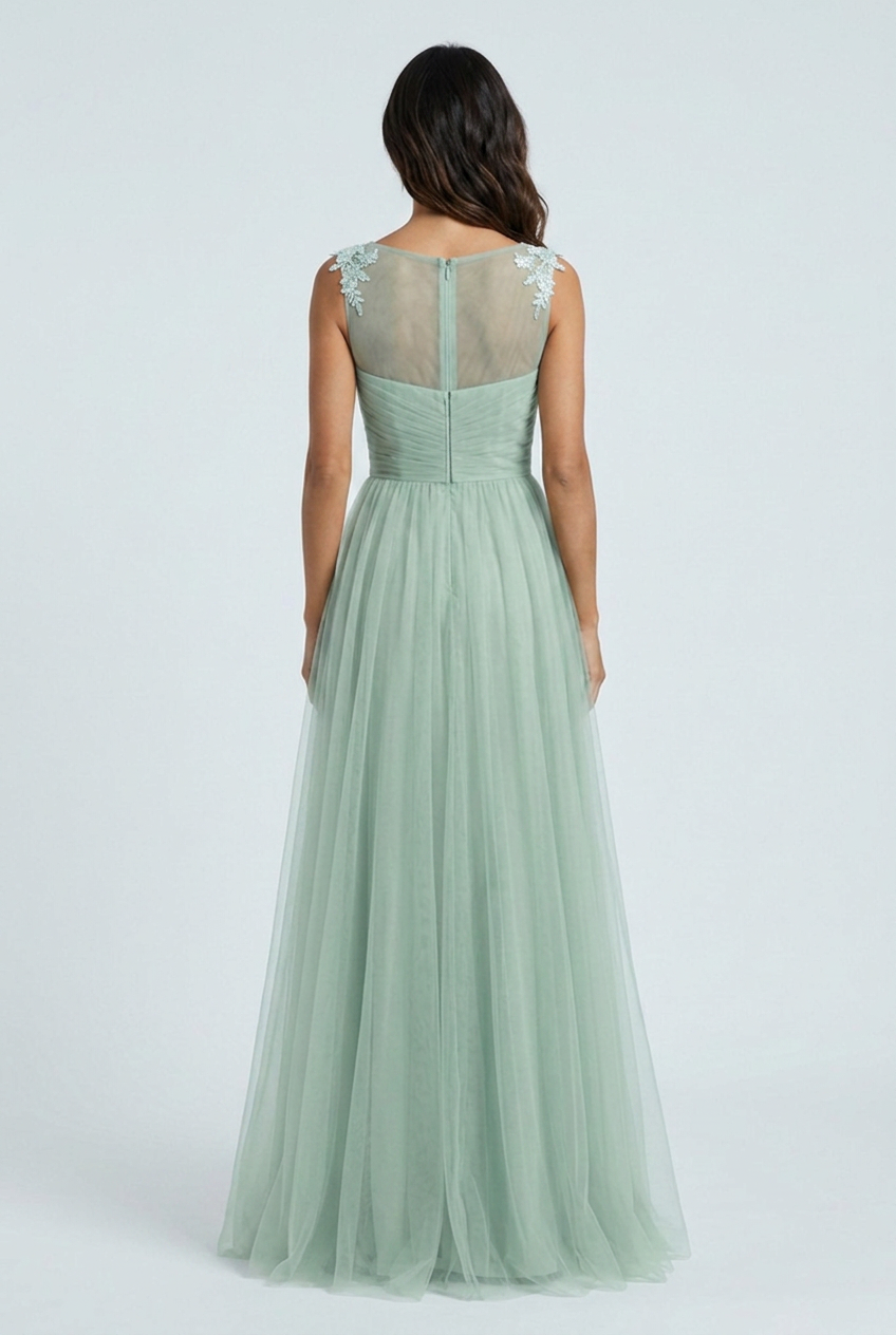 Sage Green tulle a line bridesmaid gown floral lace v neck back