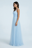 Light Blue tulle a line bridesmaid gown floral lace v neck side