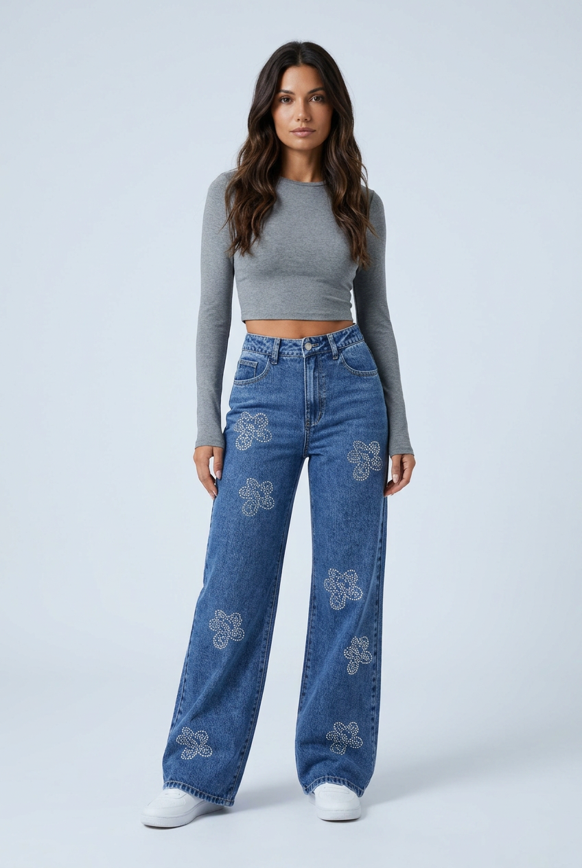 Mid Blue rhinestone flower wide leg jeans mid blue front