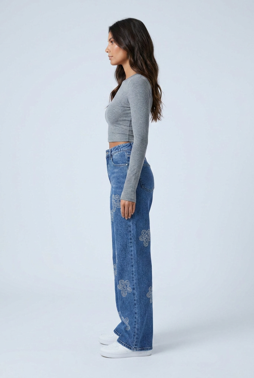 Mid Blue rhinestone flower wide leg jeans mid blue side