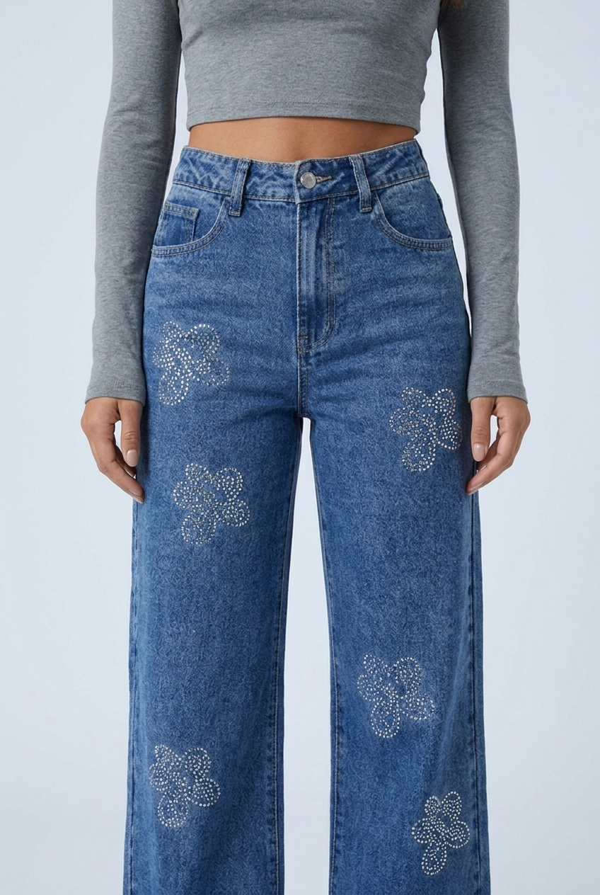 Mid Blue rhinestone flower wide leg jeans mid blue closeup