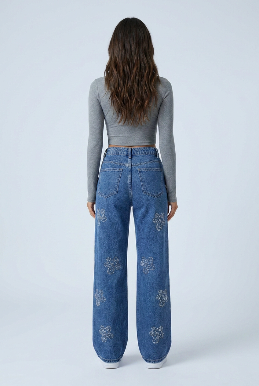 Mid Blue rhinestone flower wide leg jeans mid blue back