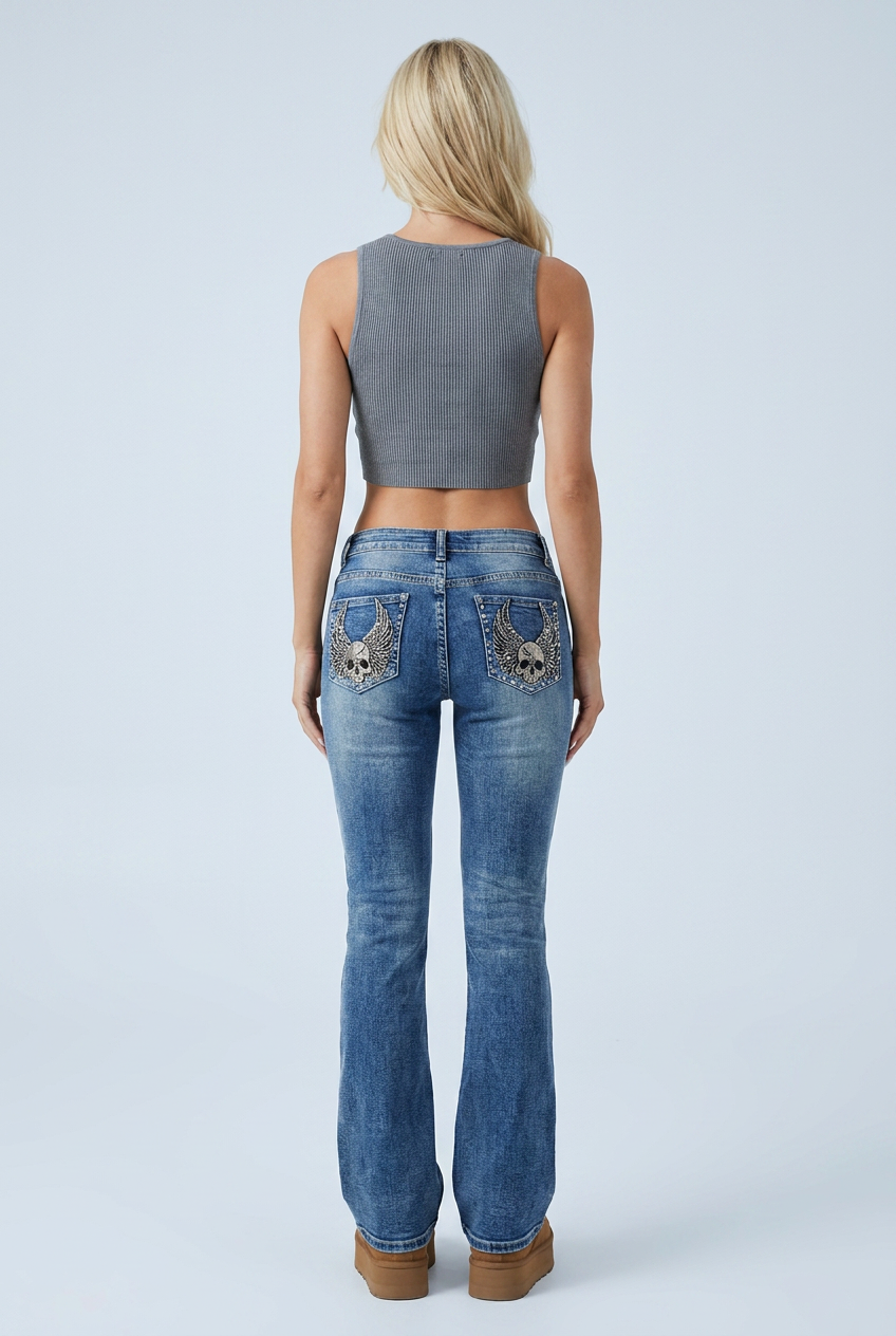 Mid Blue skull wings back pocket low rise flare jeans back