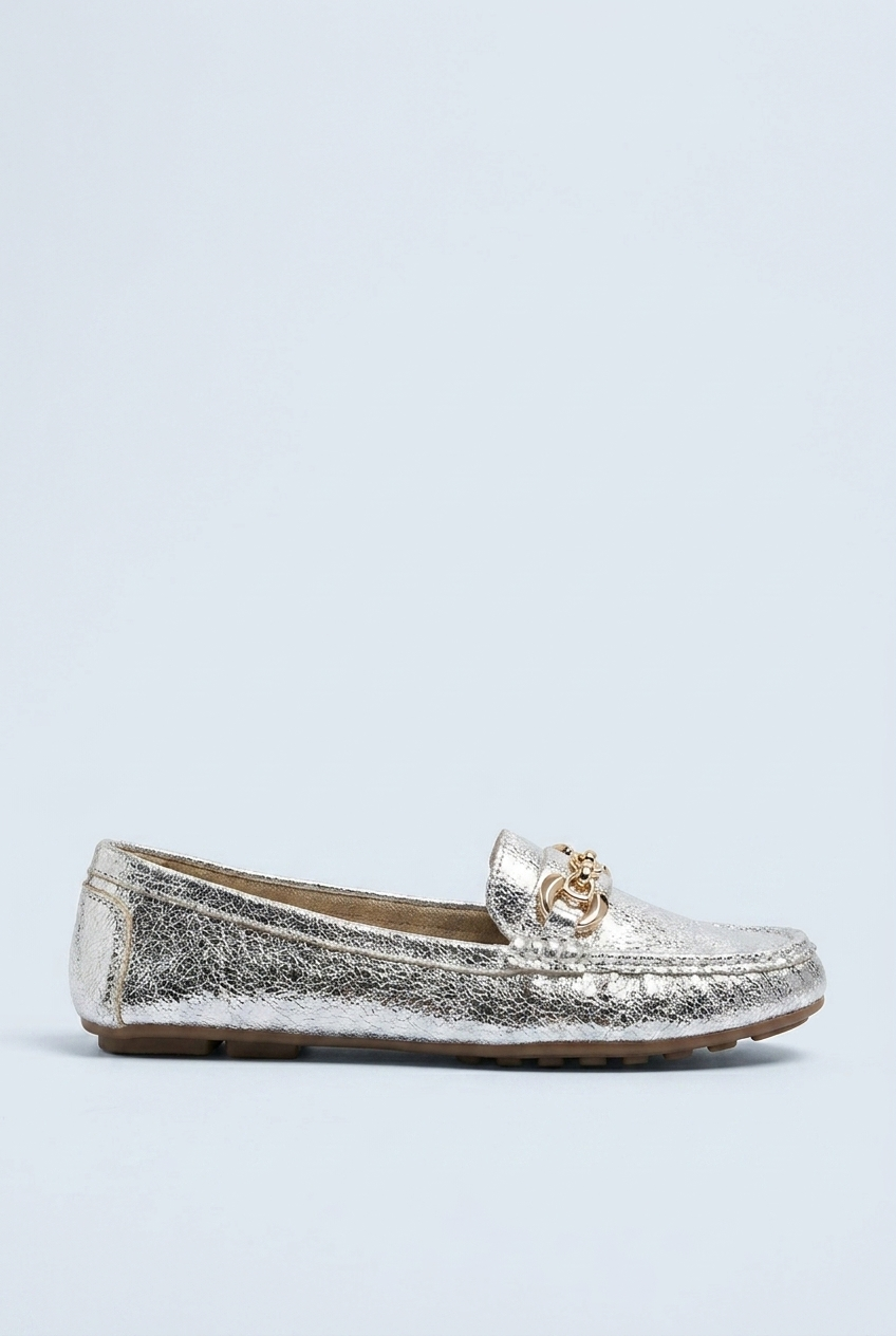 Silver metallic silver driving loafers gold chain side