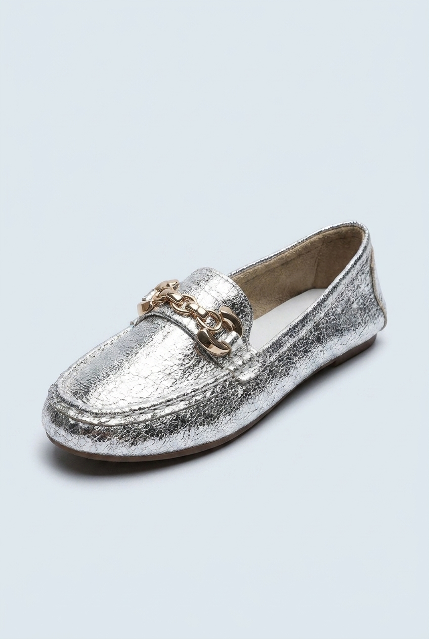 Silver metallic silver driving loafers gold chain front