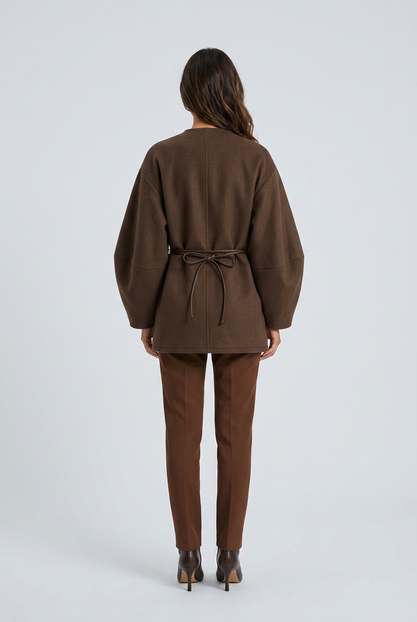 Brown brown belted wrap coat balloon sleeve shell buckle collarless back