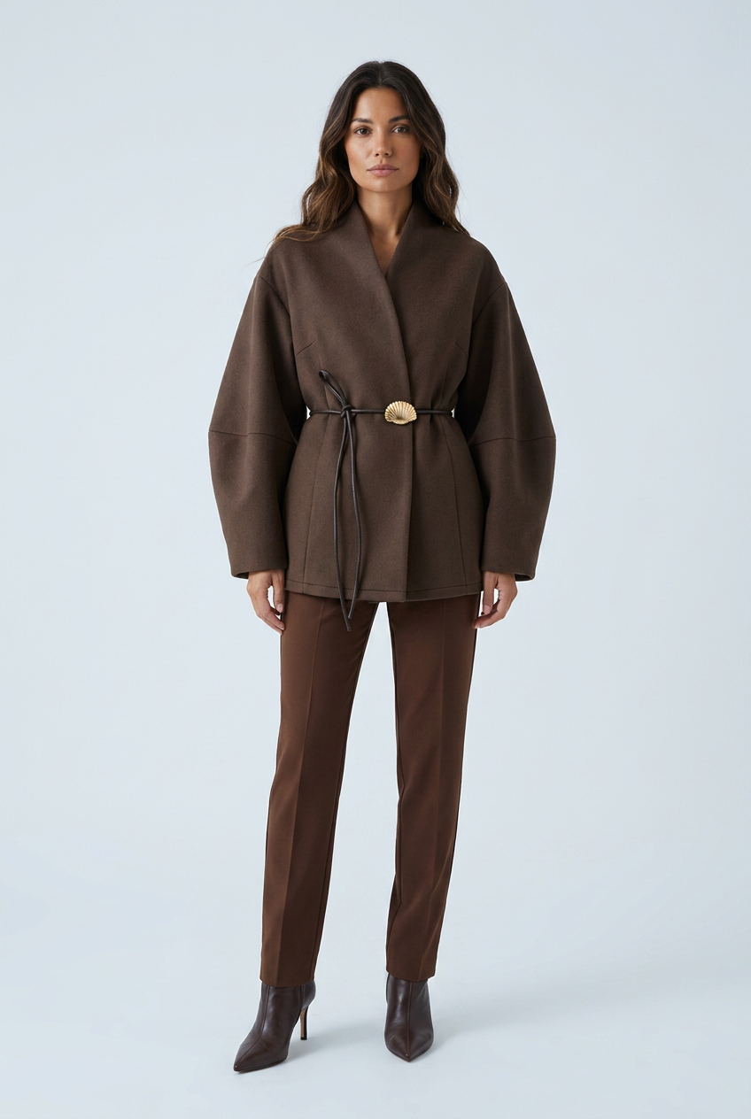 Brown brown belted wrap coat balloon sleeve shell buckle collarless front