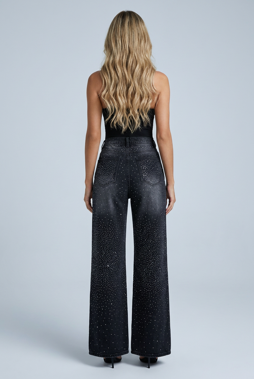 Charcoal charcoal rhinestone wide leg jeans high waist gradient sparkle back