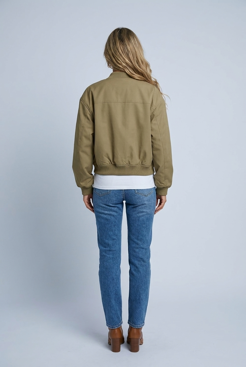 Olive bomber jacket ribbed trim snap button front flap pockets cropped back