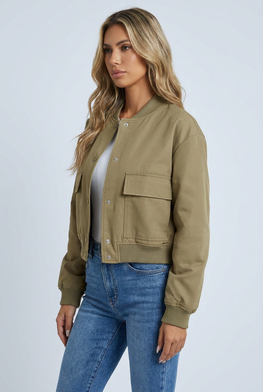 Olive bomber jacket ribbed trim snap button front flap pockets cropped closeup