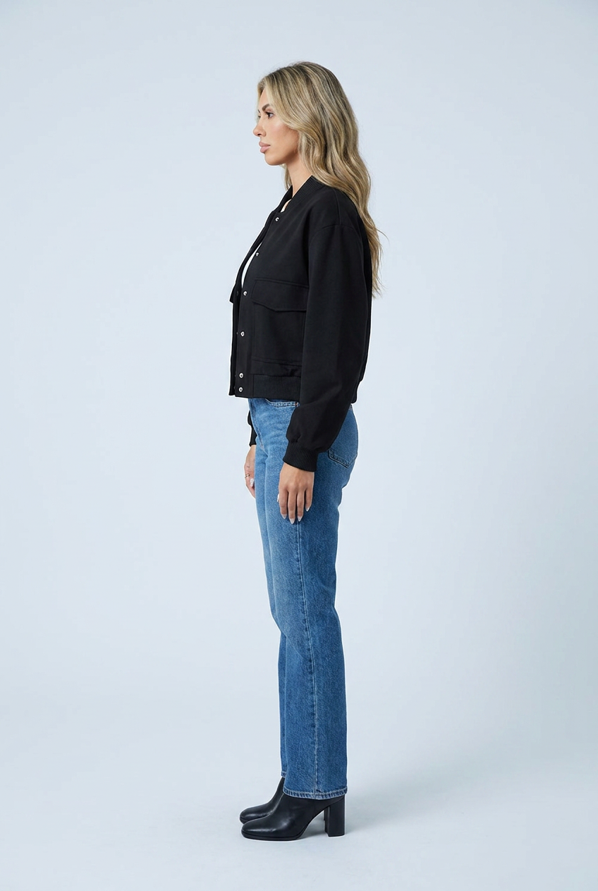 Black bomber jacket ribbed trim snap button front flap pockets cropped side