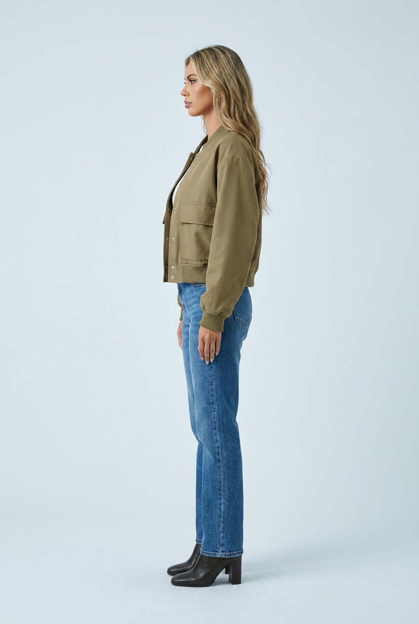 Olive bomber jacket ribbed trim snap button front flap pockets cropped side