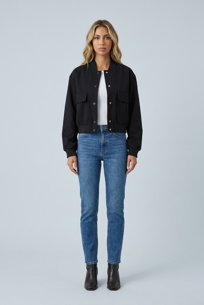 Black bomber jacket ribbed trim snap button front flap pockets cropped front